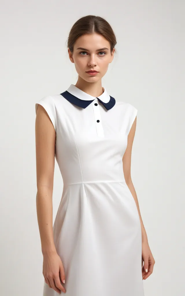 A European female model wearing a dress with a Contrast   color collar, white background, bust portrait